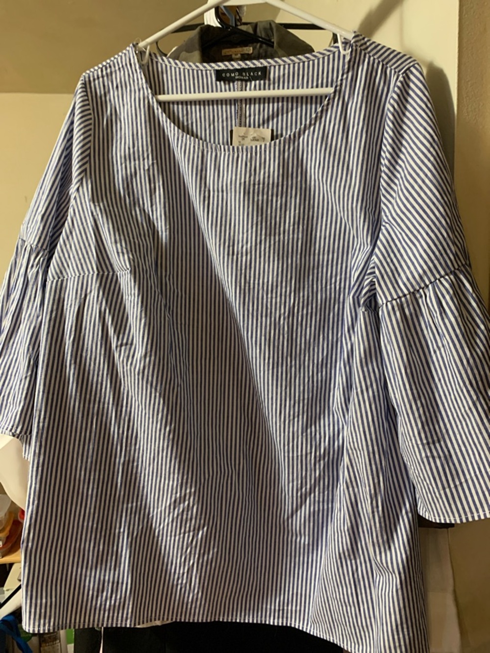Blue & White Striped Bell-Sleeve Blouse. 1X.